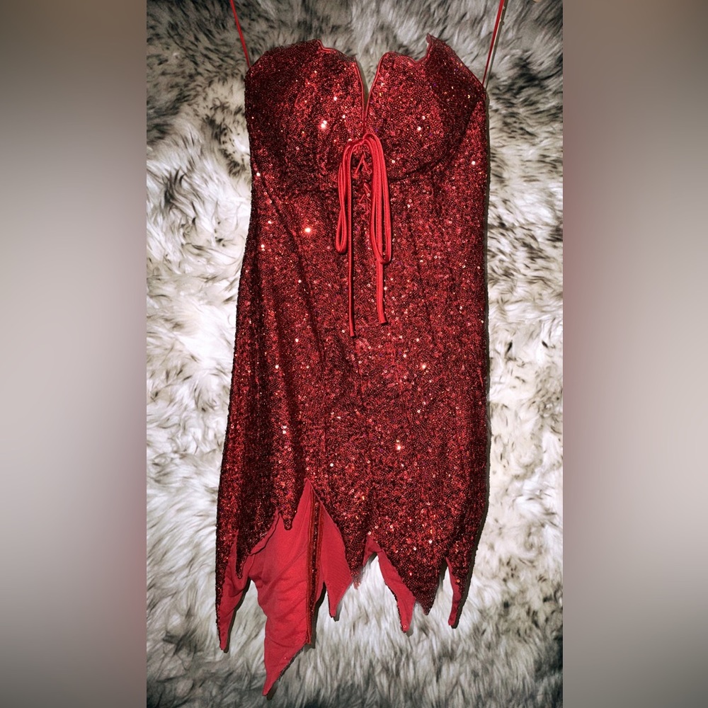 Red Sequin Devil Mini Dress with Lace Up Details in the Front